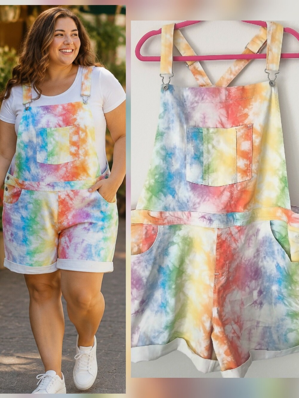 Rainbow Tie Dye Short Overalls Bib Cuffed Stretch Cotton Romper Women’s Size XXL